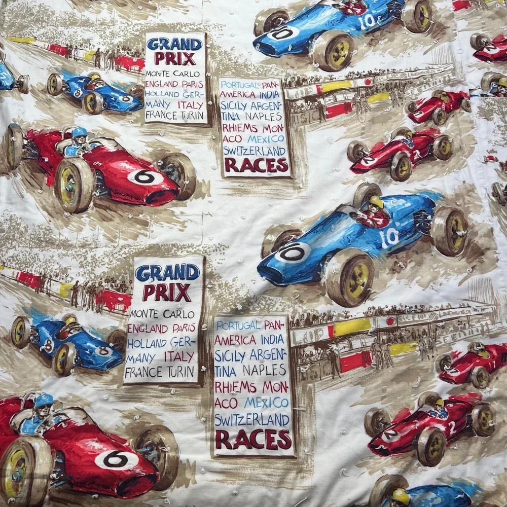 VTG 60s Grand Prix Race Car Hand Tied Quilt Blanket 51x87 Novelty Cotton Textile